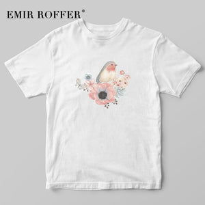 Vintage Flower Bird Female Print T-shirt