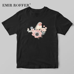 Vintage Flower Bird Female Print T-shirt