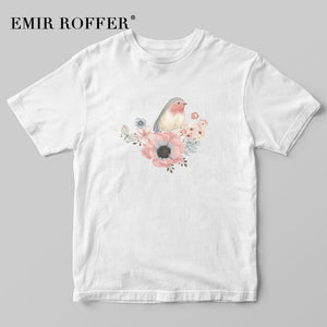 Vintage Flower Bird Female Print T-shirt